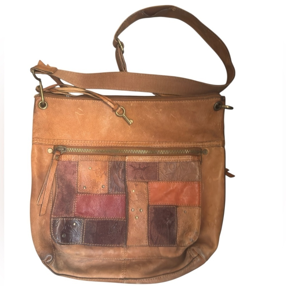 FOSSIL SASHA Tooled Leather Suede Patchwork Crossbody Patchwork Brown Orange Bag